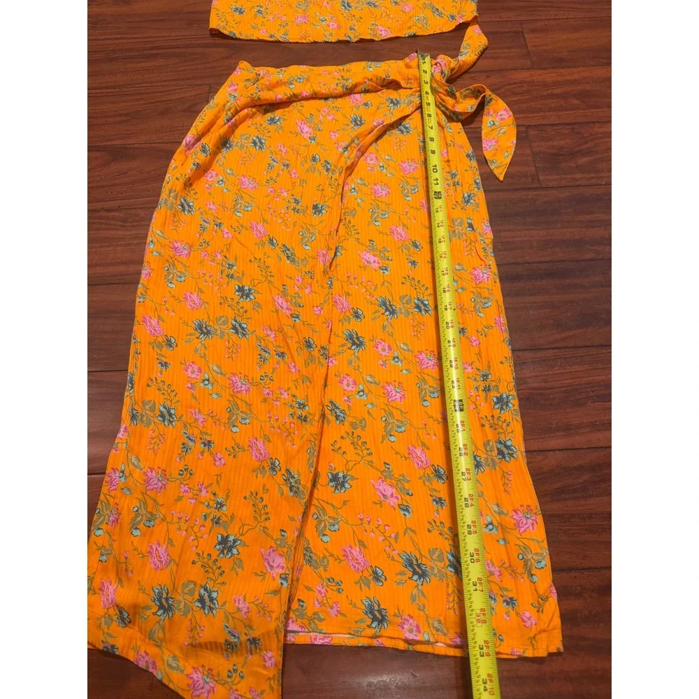 Anthropologie Orange Floral 2 Piece Set Cami Top Size 4 Wrap Midi Skirt Size 6